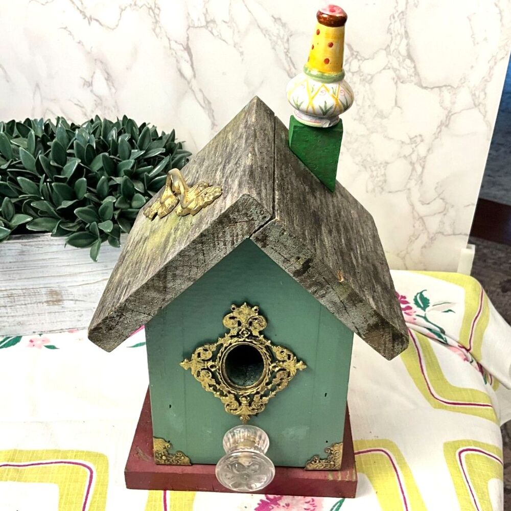 Amazing vintage wooden birdhouse; one of a kind vintage hardware trim functional